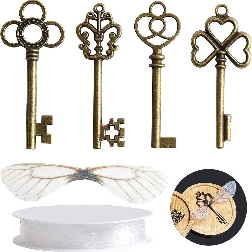 30 PCS Vintage Skeleton Keys Flying Keys with 30 Pairs Dragonfly Wings and 30 Ya